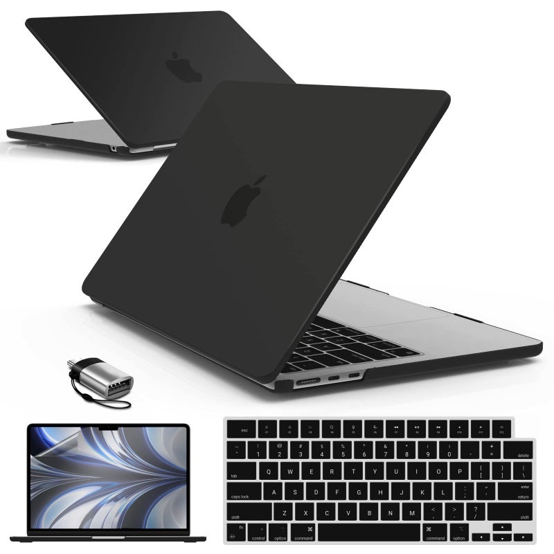 آي بينزر IBenzer متوافق مع 2025 2024 2023 2022 MacBook Air 13 بوصة حافظة M4 A3240 M3 A3113 M2 A2681 حافظة صلبة وغطاء لوحة مفاتيح وشاشة فيلم ونوع C لجهاز Mac Air 13.6 أسود AT13-KK-BK+2TC - Image 1